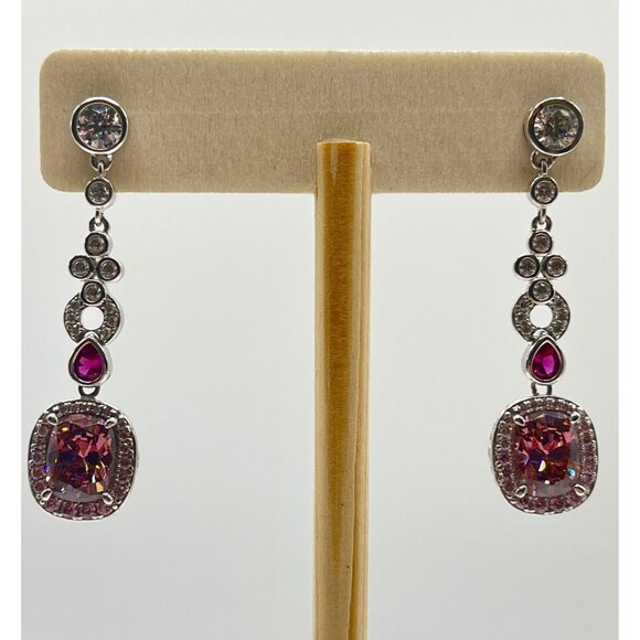 Jean Dousset 925 Sterling Silver Cubic Zirconia Pink Dangle Drop Earrings - Picture 1 of 7